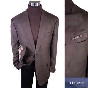 Haspel Sport Coat Jacket Blazer Brown Herringbone Blue Checks Sz 46R Wool Blend